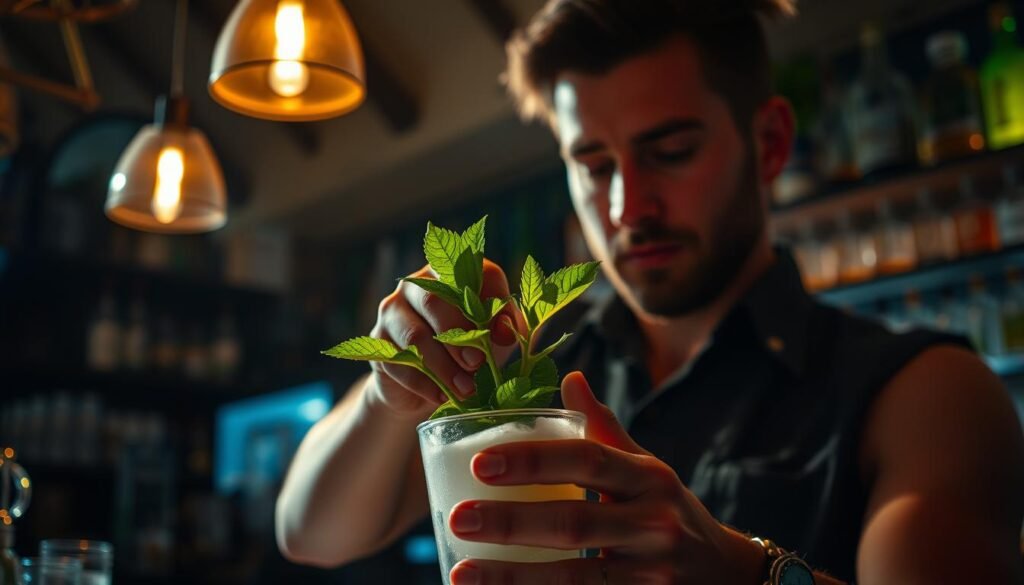A dimly lit tropical bar, the bartender's skilled hands expertly muddling fresh mint, lime, and sugar in a shaker. Overhead, a soft warm glow illuminates the scene, casting shadows that accentuate the bartender's focused movements. In the background, glimpses of bottles and glassware on shelves, hinting at the array of island spirits and mixers. The bartender's face is obscured, emphasizing the technique rather than the individual. The composition is tight, drawing the viewer's attention to the mesmerizing process of crafting a classic Caribbean cocktail.