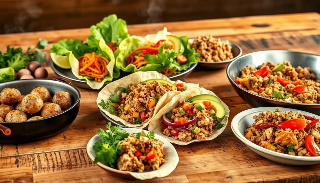 A diverse array of international ground turkey dishes, artfully arranged on a rustic wooden table. In the foreground, a steaming pan of savory Turkish-style meatballs, seasoned with aromatic spices. Alongside, a platter of fragrant Thai lettuce wraps, their vibrant colors and fresh herbs inviting the senses. In the middle, a Mexican-inspired burrito bowl, the ground turkey simmered in a rich, smoky sauce, complemented by diced avocado and zesty pico de gallo. In the background, a sizzling stir-fry of ground turkey and Asian vegetables, the wok-charred edges glistening under warm, diffused lighting. The overall atmosphere is one of global culinary exploration, where the humble ground turkey becomes a canvas for diverse cultural flavors.