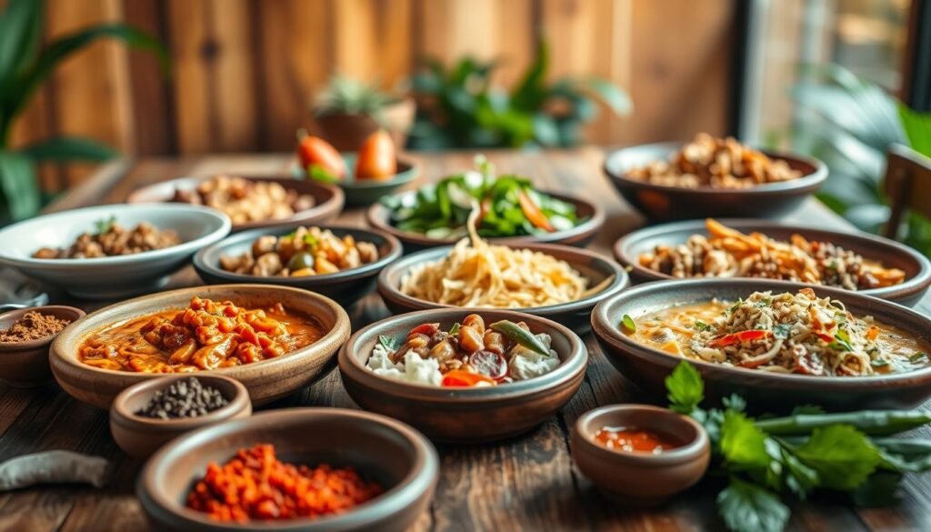 A diverse array of international lunch dishes, artfully arranged on a rustic wooden table. In the foreground, a vibrant array of spices, herbs, and condiments in earthenware bowls. In the middle ground, a selection of globally-inspired plates, including a fragrant Thai curry, a hearty South American stew, and a colorful Middle Eastern salad. The background features a warm, diffused lighting, casting a cozy glow over the scene, with hints of lush greenery visible in the periphery. The overall mood is one of culinary exploration and global culinary harmony.