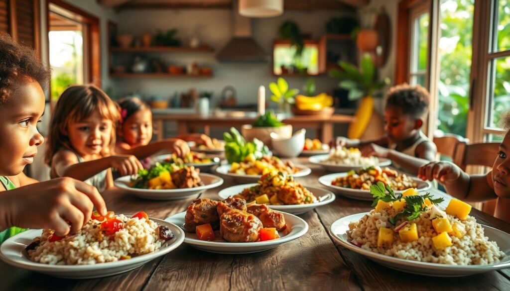 A family-style Caribbean meal of jerk chicken, coconut rice, and fresh mango salad, bathed in warm sunlight streaming through a kitchen window. In the foreground, plates of colorful, mildly seasoned dishes sit on a rustic wooden table, surrounded by children's hands reaching for the food. In the middle ground, an open-concept kitchen showcases vibrant tropical produce and herbs. The background reveals a lush, verdant garden outside, hinting at the island's bountiful flavors. Soft, diffused lighting casts a soothing, inviting atmosphere, perfect for a relaxed weeknight dinner.