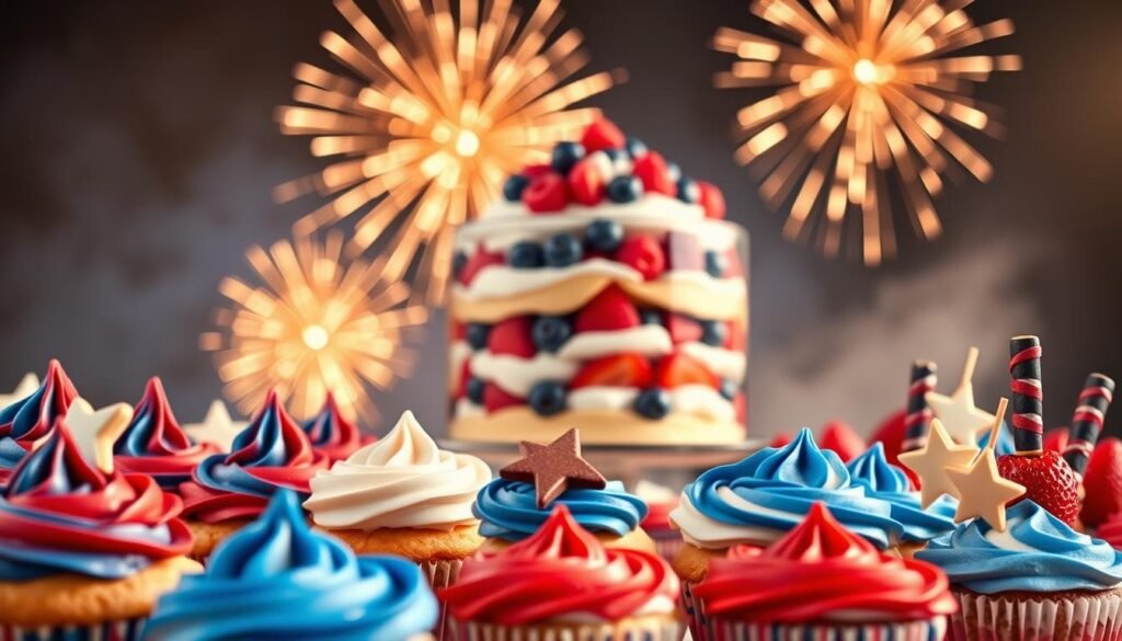 A festive display of patriotic red, white, and blue desserts, captured in a crisp, well-lit scene. In the foreground, an assortment of cupcakes with swirling buttercream frosting in vibrant hues, complemented by star-shaped sugar cookies and strawberry-blueberry skewers. In the middle ground, a towering trifle with layers of sponge cake, fresh berries, and whipped cream, set against a backdrop of sparkling fireworks bursting in the sky. The scene is bathed in warm, golden light, casting a celebratory glow and evoking the spirit of 4th of July. The overall composition is balanced, with a sense of depth and attention to detail, creating a visually stunning and mouthwatering display of patriotic desserts.