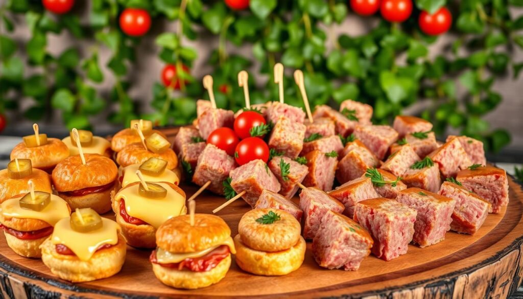 A festive platter filled with an assortment of delectable corned beef appetizers, artfully arranged on a rustic wooden surface. In the foreground, bite-sized corned beef sandwiches with melted Swiss cheese, garnished with dill pickles, sit alongside crispy corned beef croquettes, their golden exteriors glistening under soft, warm lighting. In the middle ground, skewers of corned beef and sauerkraut cubes are interspersed with colorful cherry tomatoes and sprigs of fresh parsley, creating a visually stunning display. The background features a backdrop of lush greenery, perhaps ivy or trailing vines, adding a touch of elegance to the scene. The overall atmosphere is one of celebration and indulgence, perfect for a party or gathering centered around the delicious flavors of corned beef.