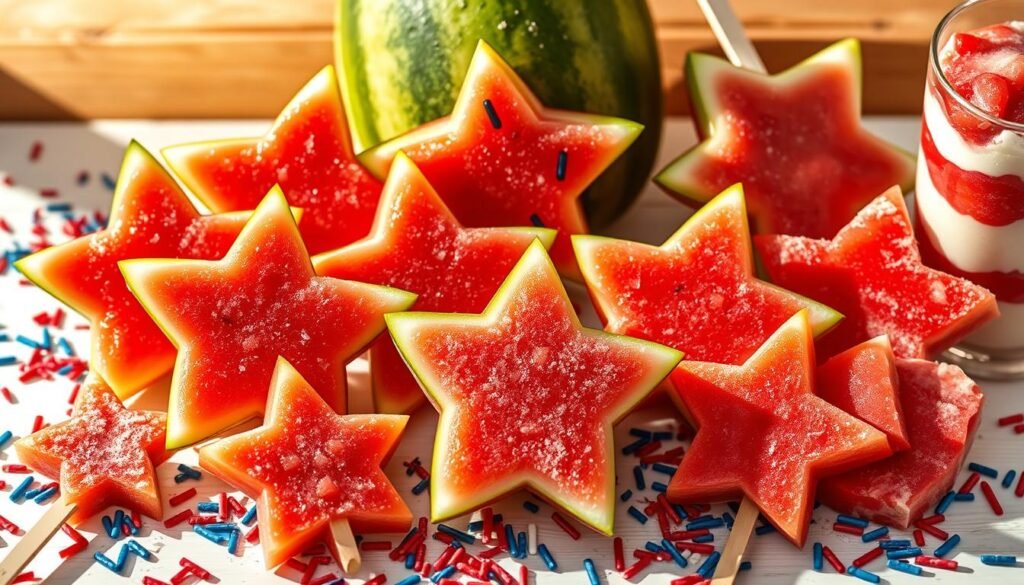 A festive spread of juicy watermelon slices, each meticulously carved into patriotic star shapes, arranged artfully against a backdrop of sparkling red, white, and blue sprinkles. The scene is illuminated by a warm, natural lighting, casting soft shadows and highlights that accentuate the vibrant colors and refreshing textures. The watermelon stars are accompanied by a selection of vibrant, fruit-based desserts, such as red, white, and blue popsicles and layered parfaits, all exuding a sense of playful, celebratory charm. The overall composition evokes the spirit of a 4th of July gathering, where delightful, seasonal ingredients come together to create a visually stunning and delicious display.