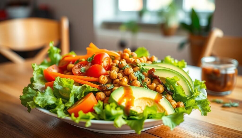 A fresh and vibrant vegetarian dinner salad, artfully arranged on a wooden table. In the foreground, an array of colorful ingredients - crisp lettuce, juicy tomatoes, creamy avocado, crunchy carrots, and savory roasted chickpeas. In the middle ground, a drizzle of tangy balsamic dressing and a sprinkle of fragrant herbs. The background is softly lit, with natural sunlight streaming in, creating a warm and inviting atmosphere. The composition is balanced, with the salad taking center stage, showcasing the delicious and satisfying nature of this plant-based main course.