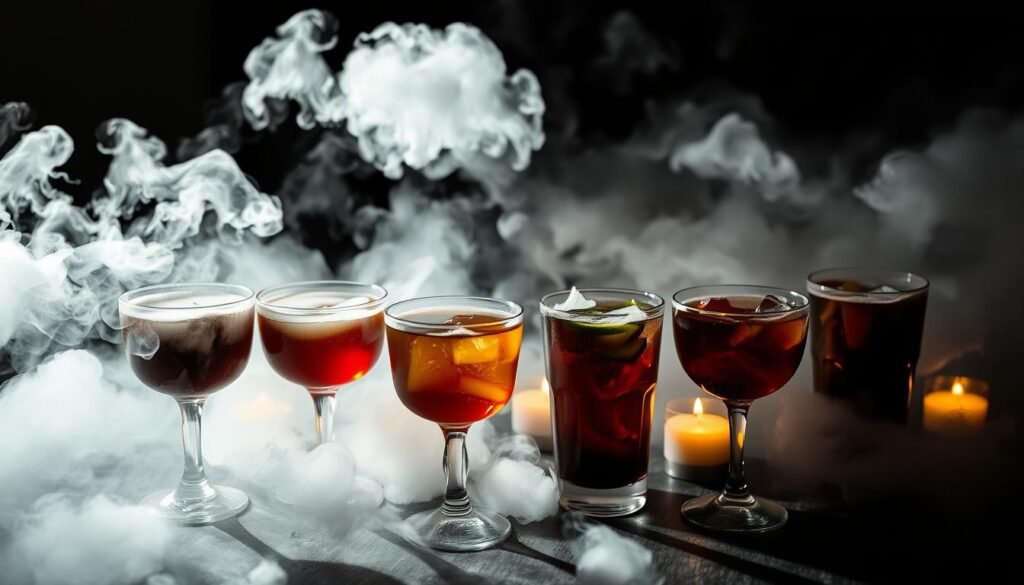 A ghostly fog swirls over a table of eerie Halloween drinks, illuminated by the soft glow of candles. Dry ice creates a mesmerizing mist that cascades over the glassware, casting an otherworldly atmosphere. The drinks themselves are a captivating blend of dark hues and mysterious ingredients, their surfaces rippling with an ominous energy. Shadows dance across the scene, adding depth and drama to the spooky presentation. A moody, low-key lighting scheme casts dramatic chiaroscuro effects, enhancing the sense of mystery and foreboding. The overall scene evokes a haunting, immersive experience, perfectly suited to the "Drink Presentation for Maximum Spookiness" section of the article.