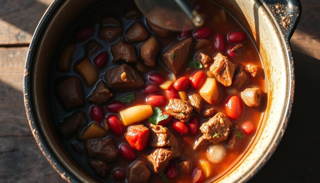 A hearty Caribbean beef and bean stew simmers in a cast-iron pot, its rich aroma filling the air. Tender chunks of beef, slow-cooked to perfection, mingle with vibrant red kidney beans, onions, and a blend of aromatic spices. The stew's deep, robust color glistens under warm, natural lighting, casting a cozy, inviting atmosphere. Chunky vegetables and herbs add texture and depth, while the steaming broth promises a comforting, satisfying meal. A rustic wooden table provides the perfect backdrop, allowing the vibrant colors and textures of the stew to take center stage.