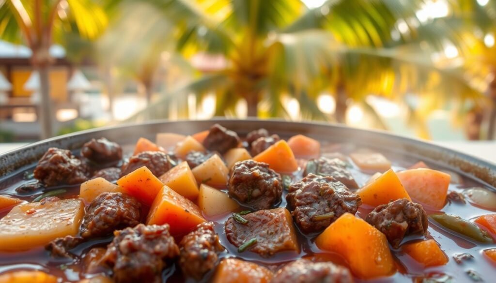 A hearty Caribbean-style beef stew simmering in a rich, aromatic broth. In the foreground, chunks of tender beef, potatoes, carrots, and pumpkin nestle amidst a medley of spices - allspice, thyme, and scotch bonnet peppers. The middle ground showcases sautéed onions, garlic, and bell peppers, creating a savory base. In the background, a vibrant tropical setting with swaying palm trees and a warm, golden afternoon light filters through, evoking the flavors of the islands. The scene is captured with a soft, diffused lens, highlighting the stew's comforting textures and inviting the viewer to take a spoonful of this healthier, homestyle Caribbean dish.
