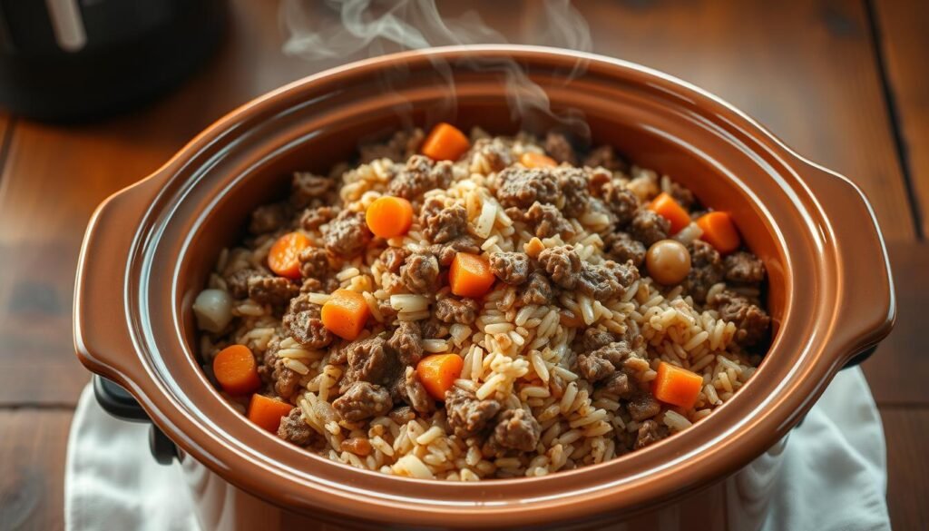 A hearty and comforting ground beef and rice crockpot meal fills the frame, steam gently rising from the dish. The tender ground beef and fragrant long-grain rice are nestled in a deep ceramic crockpot, accented by diced carrots, onions, and a rich, savory sauce. Warm lighting casts a cozy glow, highlighting the dish's homemade appeal. In the background, a rustic wooden table sets the scene, evoking the effortless simplicity of a family-style meal. The composition is balanced, with the crockpot centered and filling the majority of the frame, allowing the viewer to fully appreciate the mouthwatering details of this one-pot wonder.