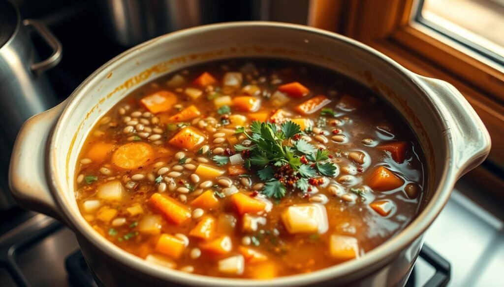 A hearty and comforting lentil soup, simmering on the stove in a large ceramic pot. Chunks of carrot, celery, and onion floating in a rich, savory broth, with a hint of herbs and spices. The inviting aroma fills the cozy kitchen, illuminated by warm, natural lighting through a window. Freshly chopped parsley and a sprinkle of crushed red pepper flakes add a final touch of color and flavor. The scene evokes feelings of nourishment and relaxation, perfect for a chilly day.