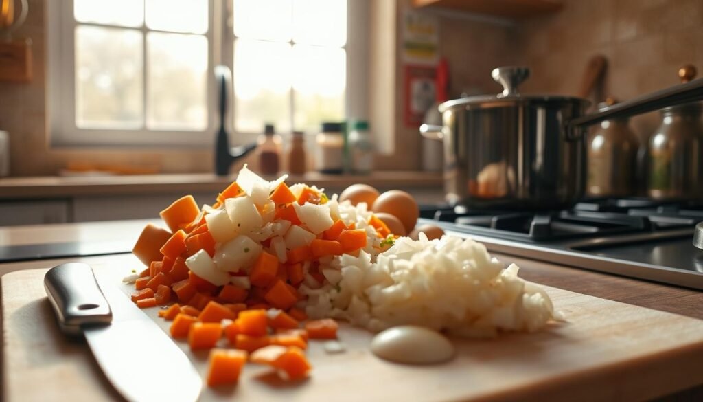 A kitchen counter with freshly chopped onions, carrots, and potatoes, ready to be simmered in a rich, aromatic Japanese curry sauce. The bright, warm lighting from a large window casts a soft glow on the ingredients, highlighting their vibrant colors. In the foreground, a chef's knife rests next to a cutting board, suggesting the preparation process. On the counter, a saucepan and a few spices stand ready, hinting at the flavorful journey ahead. The overall scene exudes a sense of anticipation and comfort, inviting the viewer to imagine the delicious homemade Japanese curry that will soon be simmering on the stove.