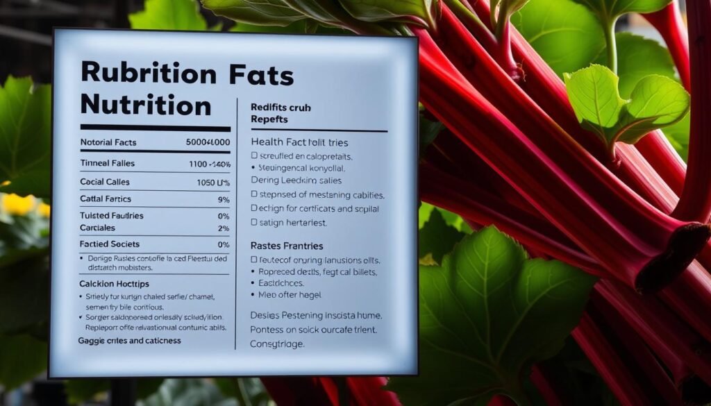 A large, backlit poster board in a clean, modern style, showcasing the detailed nutritional facts and health benefits of fresh rhubarb stalks. The information is presented in a clear, easy-to-read layout with bold typography and vibrant colors. In the background, a lush, stylized rhubarb plant, its thick red stems and green leaves subtly backlit, creating a sense of depth and dimension. The overall mood is informative yet visually striking, drawing the viewer's attention to the key nutritional data and health highlights of this versatile vegetable.