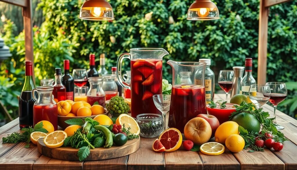 A large wooden table set with an array of fresh fruits, herbs, and a pitcher overflowing with deep red sangria. In the foreground, a cutting board showcases freshly sliced citrus, while glass pitchers and bottles of wine and liquor stand ready to be added. The middle ground features an assortment of wine glasses, ice buckets, and mixing tools, all bathed in the warm glow of pendant lighting overhead. In the background, a lush, verdant backdrop evokes a serene garden setting, creating a visually appealing and inviting atmosphere for a summertime sangria party. A large wooden table set with an array of fresh fruits, herbs, and a pitcher overflowing with deep red sangria. In the foreground, a cutting board showcases freshly sliced citrus, while glass pitchers and bottles of wine and liquor stand ready to be added. The middle ground features an assortment of wine glasses, ice buckets, and mixing tools, all bathed in the warm glow of pendant lighting overhead. In the background, a lush, verdant backdrop evokes a serene garden setting, creating a visually appealing and inviting atmosphere for a summertime sangria party.
