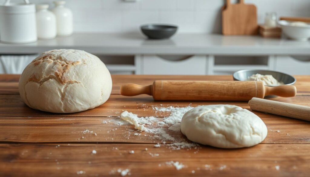 A large wooden table with an array of traditional Japanese baking tools and ingredients, including a fluffy shokupan (Japanese milk bread), a delicate dough scraper, a classic Japanese-style rolling pin, and a bowl of freshly kneaded dough. Soft, diffused lighting illuminates the scene, highlighting the textures and natural tones of the materials. The background is a minimalist, clean kitchen environment, reflecting the precise and meticulous nature of Japanese baking techniques. The overall composition and styling convey a sense of elegance, simplicity, and attention to detail, perfectly capturing the essence of the "Tools & Prep Guide" section of the Japanese Milk Bread Recipe article. A large wooden table with an array of traditional Japanese baking tools and ingredients, including a fluffy shokupan (Japanese milk bread), a delicate dough scraper, a classic Japanese-style rolling pin, and a bowl of freshly kneaded dough. Soft, diffused lighting illuminates the scene, highlighting the textures and natural tones of the materials. The background is a minimalist, clean kitchen environment, reflecting the precise and meticulous nature of Japanese baking techniques. The overall composition and styling convey a sense of elegance, simplicity, and attention to detail, perfectly capturing the essence of the "Tools & Prep Guide" section of the Japanese Milk Bread Recipe article.