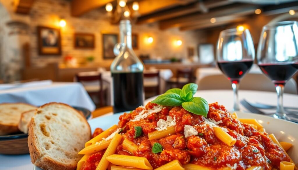 A lavish Italian pasta dinner scene, captured in warm, inviting tones. In the foreground, a large ceramic bowl overflows with freshly cooked al dente penne, tossed in a rich, velvety tomato-based sauce. Grated Parmesan and torn basil leaves add contrasting textures and flavors. Accompanying the pasta are crusty garlic-rubbed slices of artisanal bread, ready to soak up every last drop of the sauce. In the middle ground, a glass carafe of robust red wine and a simple, yet elegant table setting, complete with a crisp white tablecloth and fine dining cutlery. The background is filled with the cozy ambiance of a traditional Italian trattoria, with exposed brick walls, weathered wooden beams, and soft, golden lighting creating an inviting, homey atmosphere.