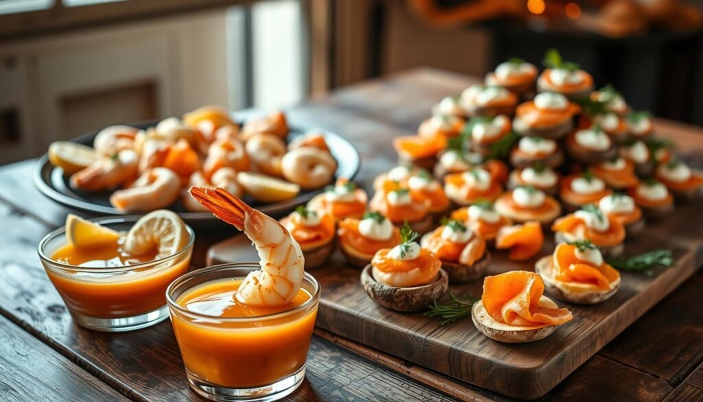 A lavish seafood-based Thanksgiving appetizer spread, illuminated by warm, golden lighting. In the foreground, delicate shrimp cocktail with a tangy dipping sauce, garnished with lemon wedges. In the middle ground, a platter of creamy crab-stuffed mushroom caps, dusted with paprika. In the background, a cascading display of smoked salmon canapés, topped with dill and crème fraîche. The arrangement is beautifully styled on a rustic wooden table, conveying an atmosphere of elegant simplicity. The overall mood is one of refined indulgence, perfect for an intimate Thanksgiving gathering. A lavish seafood-based Thanksgiving appetizer spread, illuminated by warm, golden lighting. In the foreground, delicate shrimp cocktail with a tangy dipping sauce, garnished with lemon wedges. In the middle ground, a platter of creamy crab-stuffed mushroom caps, dusted with paprika. In the background, a cascading display of smoked salmon canapés, topped with dill and crème fraîche. The arrangement is beautifully styled on a rustic wooden table, conveying an atmosphere of elegant simplicity. The overall mood is one of refined indulgence, perfect for an intimate Thanksgiving gathering.
