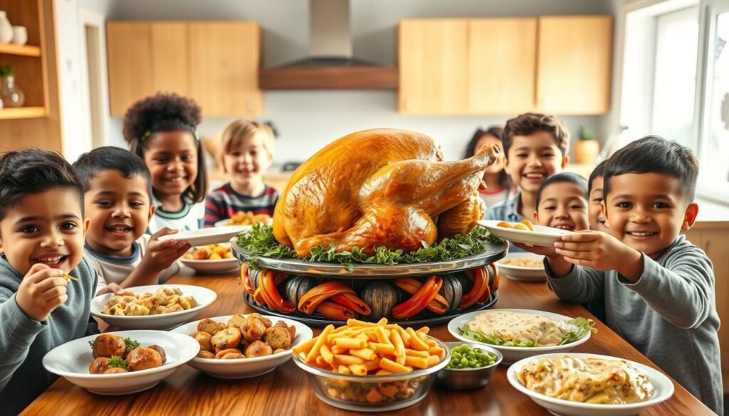 A lively and cheerful kitchen scene featuring a variety of kid-friendly turkey dishes. A large, golden-brown roasted turkey takes center stage, surrounded by colorful side dishes like meatballs, turkey burgers, and a creamy turkey casserole. Bright lighting floods the space, casting a warm, homey glow. In the foreground, a group of smiling, diverse children eagerly grab plates and enjoy the delicious turkey-based meals. The background shows a cozy, family-friendly kitchen with natural wood accents and playful, hand-drawn illustrations on the walls. The overall mood is one of joy, nourishment, and togetherness.