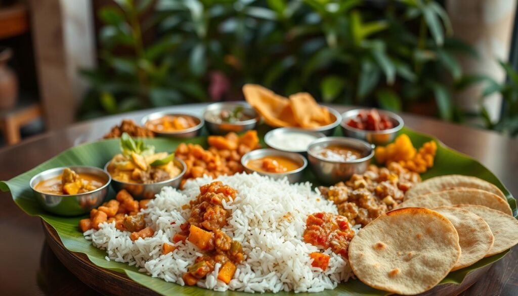 A lively, well-lit scene of an authentic Indian lunch spread, featuring a variety of colorful, aromatic dishes laid out on a traditional banana leaf platter. In the foreground, steaming basmati rice, tangy dal, savory curries, and crisp papadums are arranged with care. In the middle ground, an assortment of pickles, chutneys, and raita add depth and complexity to the meal. The background is filled with lush, verdant foliage and subtle hints of spice-filled kitchens, conveying the warmth and comfort of home-cooked Indian cuisine. The lighting is soft and natural, highlighting the vibrant hues and intricate textures of the dishes. The overall atmosphere is one of nourishment, tradition, and the joys of a wholesome, homemade Indian lunch.