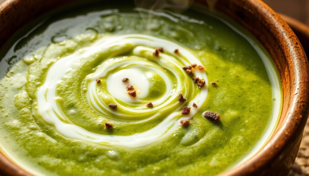 A lush, creamy spinach soup simmers in a rustic earthenware bowl, its vibrant green hue and swirling texture inviting the viewer to savor its velvety indulgence. Delicate wisps of steam rise from the surface, hinting at the comforting warmth within. Meticulously placed garnishes, such as a drizzle of cream and a sprinkle of freshly cracked black pepper, add depth and visual interest, elevating the dish to a work of culinary art. The lighting is soft and natural, casting a warm glow that highlights the soup's luxurious creaminess. The overall composition is balanced and visually appealing, perfectly capturing the essence of a comforting, yet sophisticated, creamy soup recipe.