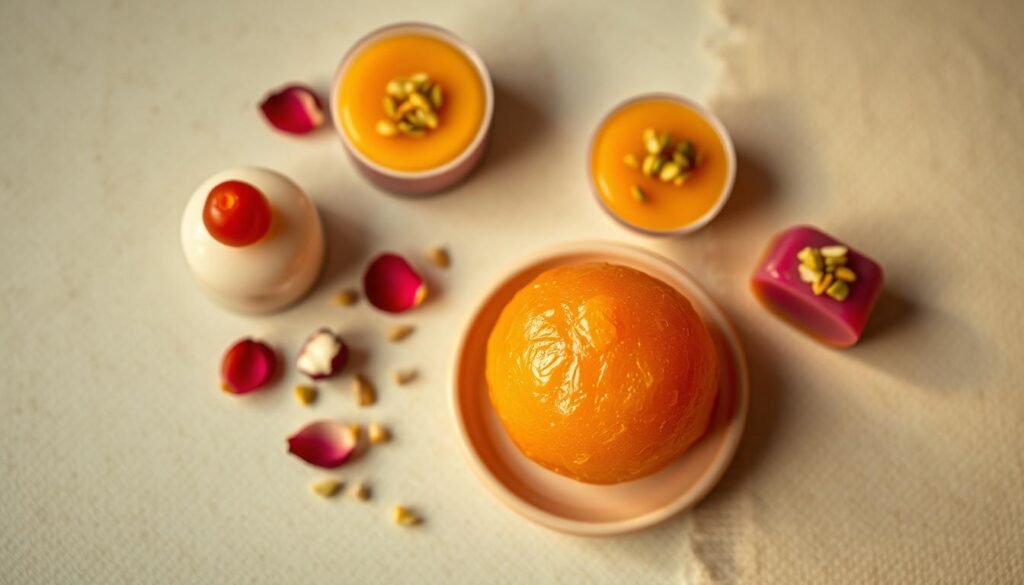 A lush, overhead shot of an artfully arranged collection of simple, low-calorie Indian desserts, bathed in warm, soft lighting. In the foreground, a delicate rose-flavored gulab jamun sits atop a small ceramic dish, its golden-brown exterior glistening. Surrounding it, an array of elegantly presented, bite-sized sweets - a creamy raita-based panna cotta, a vibrant saffron-infused halwa, and a fragrant cardamom-scented kulfi. In the middle ground, a few fresh rose petals and a sprinkling of crushed pistachios add a touch of rustic charm. The background is a subtly textured, neutral backdrop that allows the desserts to take center stage, their colors and forms the true focus of the composition. A lush, overhead shot of an artfully arranged collection of simple, low-calorie Indian desserts, bathed in warm, soft lighting. In the foreground, a delicate rose-flavored gulab jamun sits atop a small ceramic dish, its golden-brown exterior glistening. Surrounding it, an array of elegantly presented, bite-sized sweets - a creamy raita-based panna cotta, a vibrant saffron-infused halwa, and a fragrant cardamom-scented kulfi. In the middle ground, a few fresh rose petals and a sprinkling of crushed pistachios add a touch of rustic charm. The background is a subtly textured, neutral backdrop that allows the desserts to take center stage, their colors and forms the true focus of the composition.