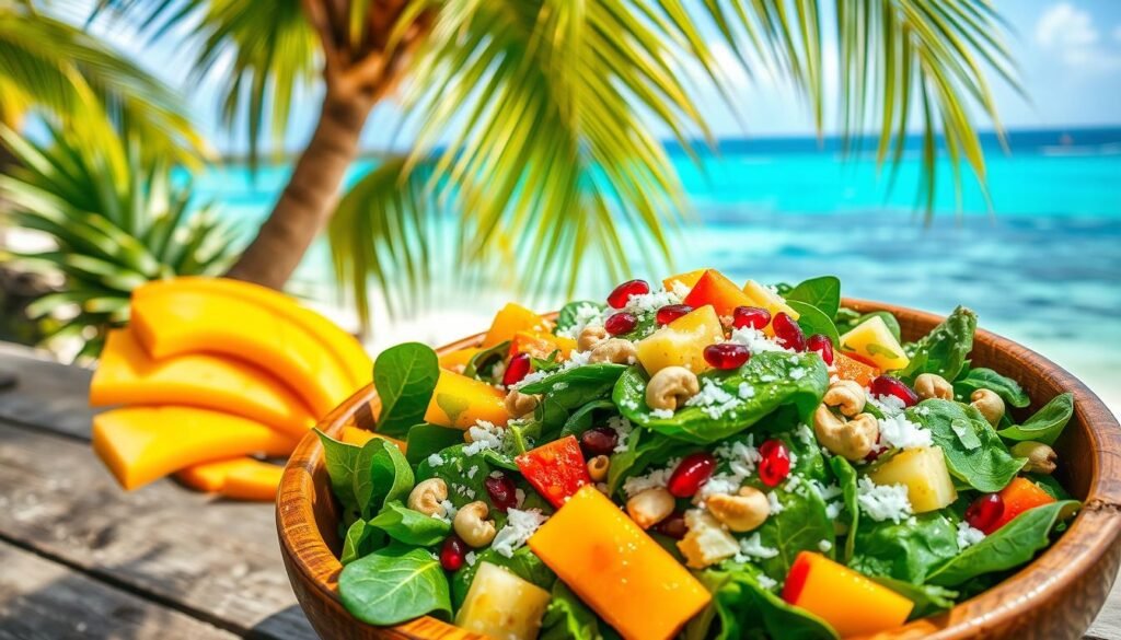A lush tropical salad bursting with vibrant greens, juicy pineapple, and crunchy Caribbean nuts. The foreground features a wooden bowl overflowing with fresh spinach, shredded coconut, and toasted cashews, accented by slices of ripe mango and papaya. In the middle ground, a scattering of ruby-red pomegranate seeds and a drizzle of tangy citrus vinaigrette add pops of color and flavor. The background sets the scene with a sun-dappled beach, swaying palm fronds, and a clear turquoise sea. The overall mood is one of refreshing, island-inspired lightness, perfect for a summery reprieve from the heat.