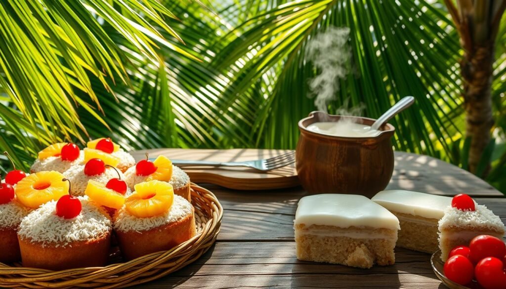 A lush, tropical scene featuring traditional Caribbean cakes with coconut milk batters. In the foreground, an array of vibrant, moist cakes adorned with grated coconut, pineapple slices, and vibrant maraschino cherries. The cakes are artfully arranged on a hand-woven wicker tray, casting warm, natural shadows. In the middle ground, a wooden table with a distressed, weathered surface holds a steaming pot of coconut milk, thick with cream. Lush, verdant palm fronds sway gently in the background, casting a dappled light over the scene. The image evokes the rich, indulgent flavors and cultural heritage of Caribbean baking traditions.