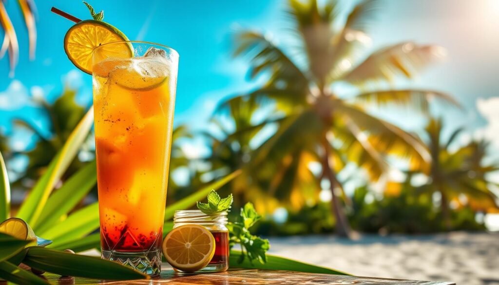 A lush tropical scene of a Caribbean cocktail. In the foreground, a tall glass filled with a vibrant, layered concoction - a harmony of citrus, spice, and island-inspired flavors. Beams of warm, golden light dance across the glass, revealing the drink's intricate balance of sweet, sour, and herbaceous notes. In the middle ground, a collection of fresh fruit garnishes - sliced limes, sprigs of mint, and a dash of bitters - artfully arranged. The background features a sun-dappled beach, with swaying palm trees and a clear azure sky, conveying the relaxed, sophisticated ambiance of Caribbean mixology. A captivating image that captures the essence of balanced, flavorful island cocktails.