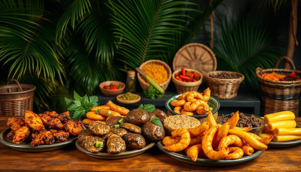 A lush tropical setting with a colorful array of Caribbean fast-cooking specialties displayed on a wooden table. In the foreground, a variety of vibrant, freshly prepared dishes - jerk chicken, coconut shrimp, beef patties, and fried plantains. The middle ground features a backdrop of lush palm fronds and Caribbean spices in woven baskets. Warm, diffused lighting illuminates the scene, casting a golden glow and highlighting the textures and colors of the vibrant island cuisine. The overall atmosphere is one of casual, flavorful Caribbean fare, perfect for a weeknight family meal.