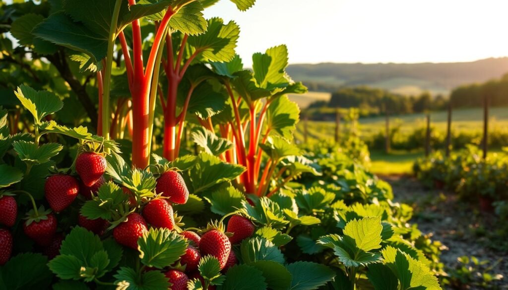 A lush, verdant garden scene of companion-planted strawberries and rhubarb. In the foreground, plump red strawberries nestle among green leafy foliage, their vibrant hues contrasting with the tall, thick stalks of rhubarb in the middle ground. The rhubarb leaves cast soft, dappled shadows across the garden bed, illuminated by warm, golden afternoon sunlight streaming in from the side. In the background, a picturesque country landscape with rolling hills and a distant forest, creating a sense of peaceful rural tranquility. The overall composition emphasizes the natural symbiosis and visual harmony of this classic plant pairing.
