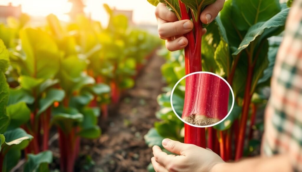 A lush, verdant garden scene, with rows of vibrant rhubarb stalks standing tall. The foreground showcases a pair of hands gently grasping a rhubarb stalk, its crimson hue contrasting against the deep green leaves. The middle ground features a close-up of the stalk's base, highlighting the optimal harvesting point where the stalk meets the soil. In the background, a soft, hazy light filters through the foliage, creating a serene, natural atmosphere. The lighting is warm and diffused, capturing the ideal conditions for safely harvesting rhubarb. The composition emphasizes the importance of timing and precision when gathering this versatile, flavorful plant.