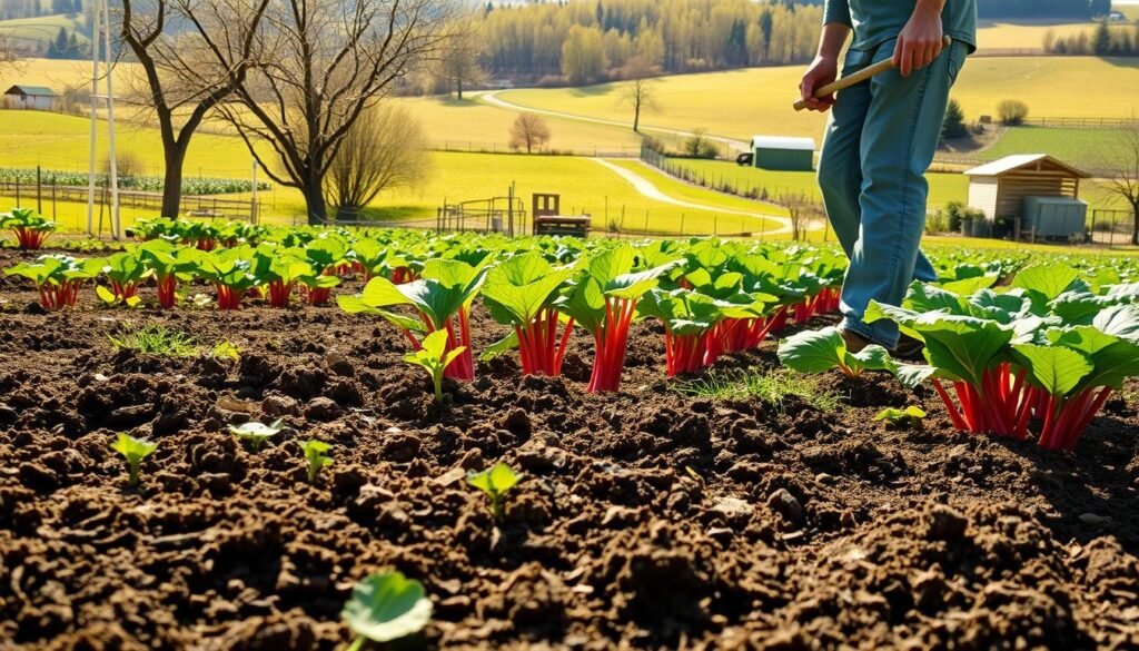 A lush, verdant garden setting on a sunny spring day. In the foreground, a gardener carefully tills the rich, dark soil, preparing a planting bed for rhubarb. The soil is visibly loose and crumbly, with a few scattered rhubarb leaves peeking through. In the middle ground, rows of established rhubarb plants stand tall, their vibrant crimson stalks and broad green leaves swaying gently in a light breeze. The background showcases a picturesque landscape of rolling hills, a winding path, and a distant shed or greenhouse, all bathed in warm, golden sunlight. The overall atmosphere evokes a sense of tranquility, productivity, and the joy of homegrown gardening.