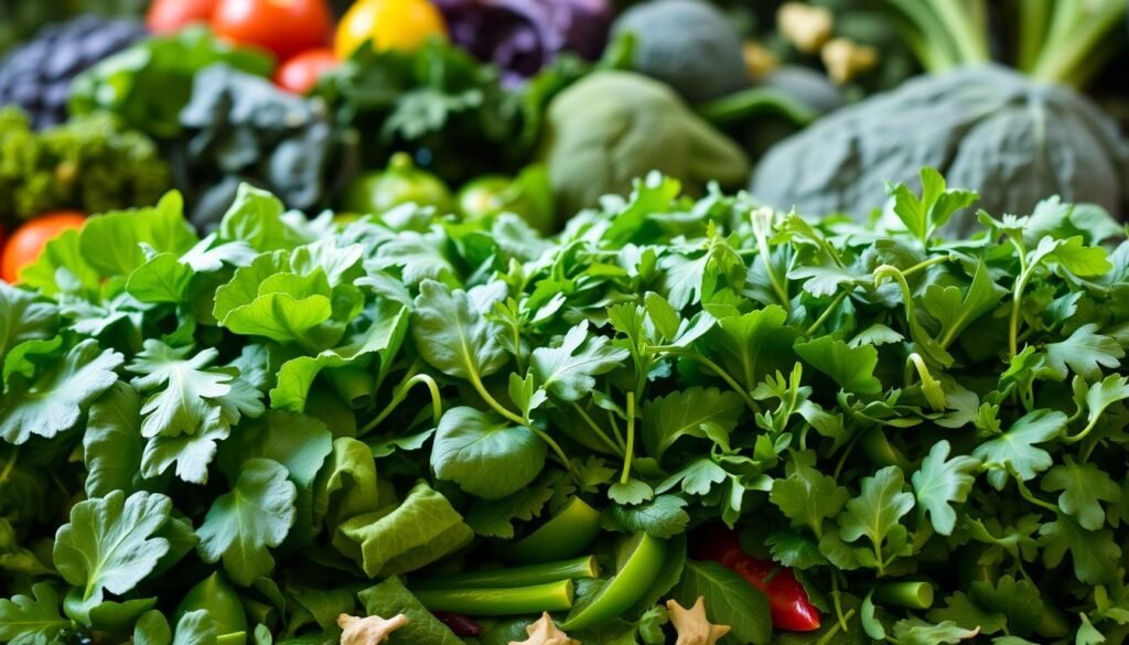 A lush, vibrant display of freshly picked greens, captured in a warm natural light. In the foreground, a mix of crisp romaine lettuce, tender baby spinach, and vibrant arugula leaves, their textures and hues in perfect harmony. The middle ground features a scattering of crunchy, vibrant green bell pepper slices, while the background showcases a bountiful array of other seasonal greens, such as kale, Swiss chard, and young, tender broccoli florets. The scene is bathed in a soft, diffused light, accentuating the natural vibrancy and appeal of these wholesome, nutrient-rich ingredients.