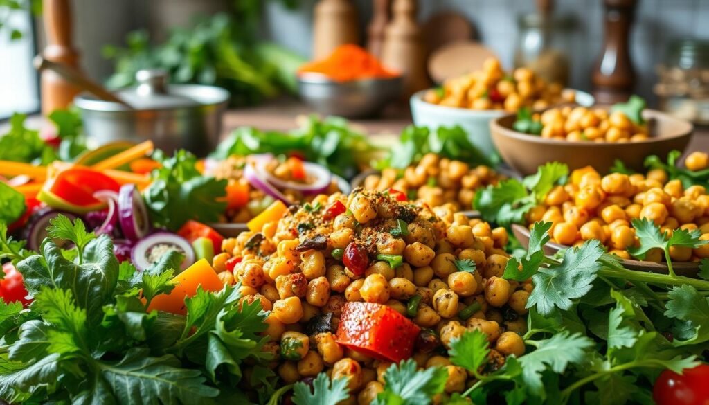 A lush, vibrant scene showcasing a variety of high-fiber Indian salad and vegetable dishes. In the foreground, an array of fresh, crisp greens like spinach, kale, and arugula, complemented by an assortment of colorful vegetables like carrots, cucumbers, tomatoes, and red onions. In the middle ground, delicious-looking lentil-based salad and roasted chickpeas, sprinkled with fragrant spices and herbs. The background features a warm, cozy kitchen setting with traditional Indian cookware and spices, bathed in a soft, natural light. The overall mood is one of a healthy, flavorful, and visually appealing Indian-inspired meal, perfect for a nutritious and satisfying lunch or dinner. A lush, vibrant scene showcasing a variety of high-fiber Indian salad and vegetable dishes. In the foreground, an array of fresh, crisp greens like spinach, kale, and arugula, complemented by an assortment of colorful vegetables like carrots, cucumbers, tomatoes, and red onions. In the middle ground, delicious-looking lentil-based salad and roasted chickpeas, sprinkled with fragrant spices and herbs. The background features a warm, cozy kitchen setting with traditional Indian cookware and spices, bathed in a soft, natural light. The overall mood is one of a healthy, flavorful, and visually appealing Indian-inspired meal, perfect for a nutritious and satisfying lunch or dinner.