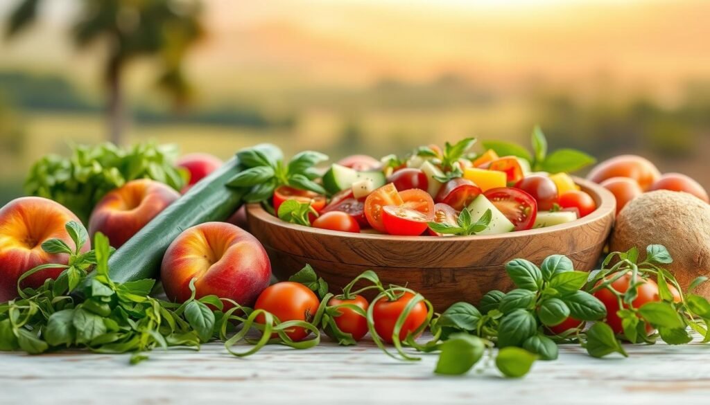 A lush, vibrant summer salad scene. In the foreground, a selection of seasonal fruits and vegetables artfully arranged - juicy peaches, crisp cucumbers, vibrant tomatoes, and fragrant basil. Delicate shreds of leafy greens frame the composition. In the middle ground, a wooden salad bowl filled with a medley of colorful ingredients, creating a symphony of textures and flavors. Soft, diffused lighting casts a warm, golden glow, enhancing the natural beauty of the produce. The background features a blurred, dreamy landscape, hinting at the bountiful summer season. The overall mood is one of freshness, nourishment, and the celebration of nature's seasonal abundance.