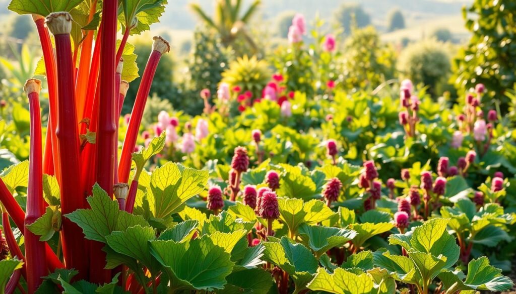 A lush, well-tended garden overflowing with vibrant rhubarb plants in various hues of red, pink, and green. The foreground showcases several distinct rhubarb cultivars, their thick, glossy stalks and broad, textured leaves standing tall and proud. In the middle ground, more rhubarb plants intermingle with other flourishing garden flora, creating a harmonious, naturalistic scene. The background gently fades into a soft, blurred landscape, allowing the rhubarb to take center stage. Warm, golden sunlight filters through the scene, casting a gentle glow and accentuating the plants' rich, earthy tones. The overall composition conveys the inherent beauty and diversity of this versatile, garden-grown vegetable.