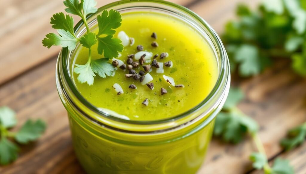 A mason jar filled with a vibrant green homemade lime vinaigrette, the dressing glistening under soft natural lighting. Freshly squeezed lime juice, high-quality olive oil, and a dash of honey create a tangy, balanced flavor. Sprigs of fresh cilantro and a scattering of cracked black pepper adorn the surface, hinting at the Mexican-inspired salad this dressing is meant to dress. The jar rests atop a rustic wooden tabletop, its simple, elegant presentation complementing the healthful, homemade nature of the recipe. A mason jar filled with a vibrant green homemade lime vinaigrette, the dressing glistening under soft natural lighting. Freshly squeezed lime juice, high-quality olive oil, and a dash of honey create a tangy, balanced flavor. Sprigs of fresh cilantro and a scattering of cracked black pepper adorn the surface, hinting at the Mexican-inspired salad this dressing is meant to dress. The jar rests atop a rustic wooden tabletop, its simple, elegant presentation complementing the healthful, homemade nature of the recipe.