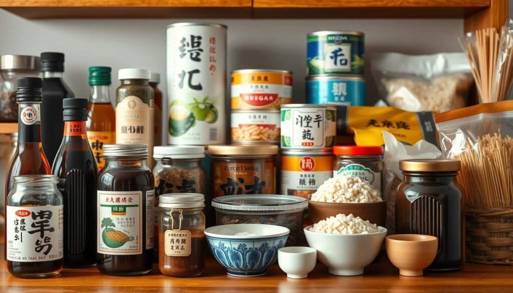 A meticulously arranged tableau of traditional Japanese pantry essentials, captured under soft, warm lighting. In the foreground, an array of glass jars and ceramic bowls brimming with soy sauce, mirin, rice vinegar, and other essential seasonings. The middle ground features neatly stacked cans of dashi stock, dried seaweed, and miso paste, while the background showcases a selection of whole grains, such as short-grain rice and buckwheat noodles. The scene conveys a sense of culinary tradition, with each ingredient poised to play a vital role in the creation of authentic Japanese dishes. A meticulously arranged tableau of traditional Japanese pantry essentials, captured under soft, warm lighting. In the foreground, an array of glass jars and ceramic bowls brimming with soy sauce, mirin, rice vinegar, and other essential seasonings. The middle ground features neatly stacked cans of dashi stock, dried seaweed, and miso paste, while the background showcases a selection of whole grains, such as short-grain rice and buckwheat noodles. The scene conveys a sense of culinary tradition, with each ingredient poised to play a vital role in the creation of authentic Japanese dishes.