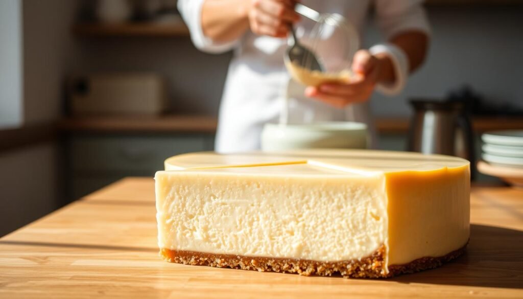A meticulously crafted Japanese cheesecake takes center stage, its silky-smooth surface glistening under warm, natural lighting. In the foreground, we see a slice revealing the cake's light, airy texture, inviting the viewer to savor its delicate flavors. The middle ground showcases the baking process, with a chef carefully folding in ingredients to achieve the perfect consistency. In the background, a minimalist kitchen setting provides a clean, serene backdrop, highlighting the simplicity and elegance of this traditional dessert. The image captures the essence of the step-by-step Japanese cheesecake recipe, conveying the care and attention required to create this irresistible culinary masterpiece. A meticulously crafted Japanese cheesecake takes center stage, its silky-smooth surface glistening under warm, natural lighting. In the foreground, we see a slice revealing the cake's light, airy texture, inviting the viewer to savor its delicate flavors. The middle ground showcases the baking process, with a chef carefully folding in ingredients to achieve the perfect consistency. In the background, a minimalist kitchen setting provides a clean, serene backdrop, highlighting the simplicity and elegance of this traditional dessert. The image captures the essence of the step-by-step Japanese cheesecake recipe, conveying the care and attention required to create this irresistible culinary masterpiece.