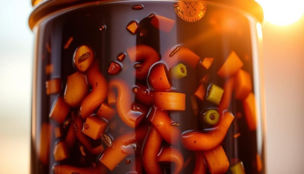 A meticulously crafted marinade, its rich hues glistening under the warm glow of a setting sun. Thick, glossy strands of soy sauce, mirin, and brown sugar mingle with fragrant garlic, ginger, and scallions, creating an aromatic blend that promises deep, umami-forward flavors. Sunlight filters through the glass jar, casting an inviting golden sheen upon the viscous liquid. This marinade, the centerpiece of an ultimate Japanese BBQ experience, stands ready to imbue every morsel with the essence of Japan's culinary mastery. A meticulously crafted marinade, its rich hues glistening under the warm glow of a setting sun. Thick, glossy strands of soy sauce, mirin, and brown sugar mingle with fragrant garlic, ginger, and scallions, creating an aromatic blend that promises deep, umami-forward flavors. Sunlight filters through the glass jar, casting an inviting golden sheen upon the viscous liquid. This marinade, the centerpiece of an ultimate Japanese BBQ experience, stands ready to imbue every morsel with the essence of Japan's culinary mastery.