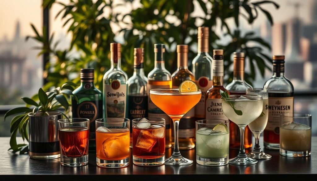 A meticulously crafted still life scene depicting an array of artfully arranged alcoholic beverages. In the foreground, a collection of elegantly crafted cocktails, each with a distinct texture and hue, from the deep amber of an Old Fashioned to the translucent emerald of a Gimlet. The middle ground features an assortment of premium spirits, their bottles reflecting the warm, moody lighting that casts a soft glow over the scene. In the background, a backdrop of lush, verdant foliage and a subtle, out-of-focus cityscape, lending an air of sophistication and urban chic. The overall composition evokes a sense of refinement, inviting the viewer to savor and appreciate the art of mixology.