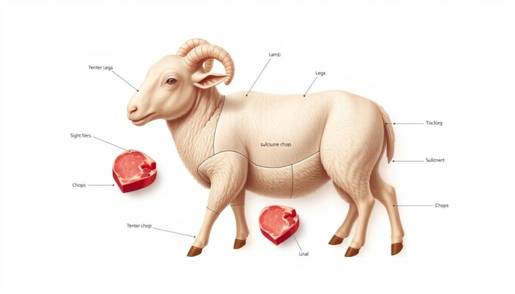 A meticulously detailed illustration showcasing the various cuts of lamb, including the tender legs, succulent chops, and flavorful shoulders. The composition features a clean, minimalist background, allowing the lamb anatomy to take center stage. Captured in soft, natural lighting that accentuates the textural differences between the cuts, the image is rendered with exceptional realism and precision, offering a comprehensive visual guide to the most popular lamb dishes. The overall mood is informative and educational, inviting the viewer to explore the nuances of this beloved protein.