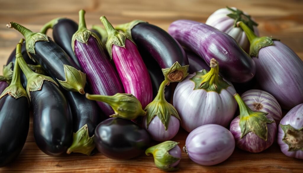 A meticulously lit close-up shot of a diverse assortment of Japanese eggplant varieties, artfully arranged on a natural wooden surface. The eggplants range in color from deep purple to vibrant lavender, with some slender and elongated, others bulbous and rounded. Soft, diffused lighting accentuates the subtle gradients and glossy textures of the eggplant skins, creating a serene, contemplative atmosphere. The image conveys the unique characteristics and visual appeal of these distinctive Japanese eggplant cultivars, inviting the viewer to appreciate their beauty and culinary potential.
