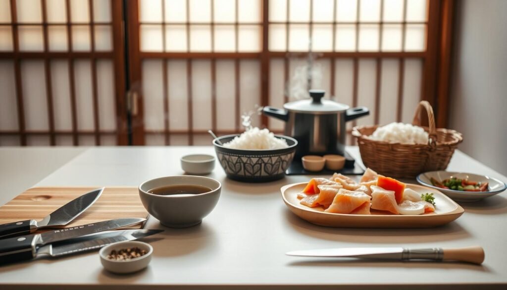 A minimalist Japanese kitchen countertop with an array of essential cooking utensils and ingredients. In the foreground, a set of sharp knives, a wooden cutting board, and a small bowl of aromatic spices. In the middle ground, a steaming pot of miso soup, a basket of freshly steamed rice, and a plate of sliced sashimi. The background features a traditional paper-screen sliding door, casting a warm, diffused light over the scene. The overall atmosphere conveys a sense of harmony, simplicity, and the foundational elements of Japanese culinary tradition. A minimalist Japanese kitchen countertop with an array of essential cooking utensils and ingredients. In the foreground, a set of sharp knives, a wooden cutting board, and a small bowl of aromatic spices. In the middle ground, a steaming pot of miso soup, a basket of freshly steamed rice, and a plate of sliced sashimi. The background features a traditional paper-screen sliding door, casting a warm, diffused light over the scene. The overall atmosphere conveys a sense of harmony, simplicity, and the foundational elements of Japanese culinary tradition.