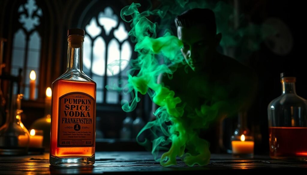 A moody, gothic scene of a Pumpkin Spice Vodka cocktail for a Frankenstein monster Halloween party. The drink is served in a vintage, glass apothecary bottle, its amber liquid glowing under warm, candlelit illumination. Eerie, green smoke swirls around the bottle, as if summoned by the monster himself. In the background, a shadowy, laboratory-like setting with beakers, test tubes, and a full moon visible through a Gothic window. The overall atmosphere is creepy, sinister, and perfectly suited for a spooky Halloween celebration.