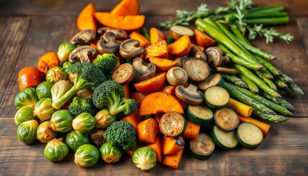 A mouth-watering arrangement of vibrant, freshly harvested vegetables artfully displayed on a rustic wooden table. In the foreground, a dynamic medley of roasted Brussels sprouts, steamed broccoli florets, and sautéed zucchini slices, glistening with a light drizzle of olive oil. The middle ground features a colorful array of grilled sweet potato wedges, sautéed mushrooms, and tender asparagus spears, adding depth and texture to the composition. In the background, a scatter of fresh herbs, such as rosemary and thyme, complements the earthy tones. Soft, natural lighting casts a warm, inviting glow, highlighting the vibrant colors and enticing the viewer to savor these creative veggie side dishes.