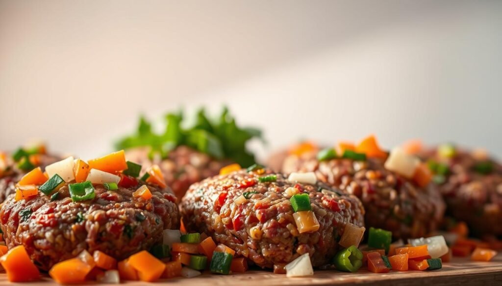 A mouth-watering display of creative minced beef transformations. In the foreground, a vibrant medley of finely chopped vegetables - carrots, onions, and bell peppers - meticulously stuffed into tender beef patties. The textures intertwine, showcasing the artistry of culinary innovation. Soft lighting filters through the scene, casting a warm, inviting glow that entices the senses. Subtle shadows accentuate the depth and dimension, while a clean, minimalist backdrop allows the star ingredients to shine. The overall composition exudes a sense of refined elegance, hinting at the gastronomic delights within reach. A mouth-watering display of creative minced beef transformations. In the foreground, a vibrant medley of finely chopped vegetables - carrots, onions, and bell peppers - meticulously stuffed into tender beef patties. The textures intertwine, showcasing the artistry of culinary innovation. Soft lighting filters through the scene, casting a warm, inviting glow that entices the senses. Subtle shadows accentuate the depth and dimension, while a clean, minimalist backdrop allows the star ingredients to shine. The overall composition exudes a sense of refined elegance, hinting at the gastronomic delights within reach.