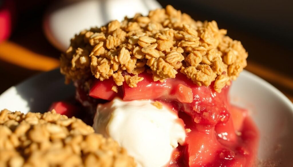 A mouth-watering rhubarb crisp, its oat-crumble topping golden and crispy, sits atop a bed of ruby-red rhubarb filling, oozing with sweet-tart juices. The scene is bathed in soft, warm lighting, creating a cozy, inviting atmosphere. The dish is captured from a high angle, showcasing its delectable layers and textures. Shadows and highlights accentuate the crisp's irresistible appeal, making the viewer eager to dive in and savor each delicious bite.