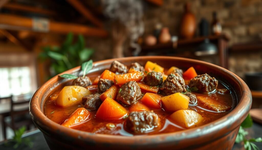 A mouthwatering Caribbean beef stew simmering in a deep, rich broth, highlighted by a golden glow from a soft, directional lighting. Tender beef chunks nestled among vibrant carrots, potatoes, and peppers, seasoned to perfection with aromatic herbs and spices. The stew is presented in a rustic earthenware bowl, set against a backdrop of a cozy, tropical kitchen with wooden beams and textured walls. The overall scene evokes a sense of warmth, comfort, and the perfect balance of flavors that epitomizes the essence of a flawless Caribbean beef stew.