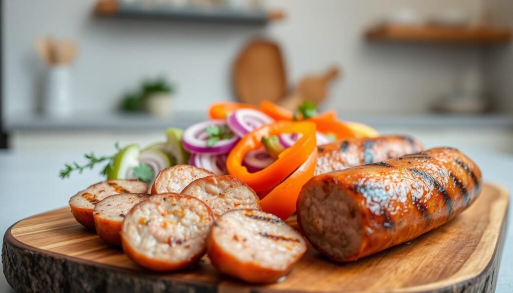 A mouthwatering arrangement of spicy breakfast sausages, freshly grilled with a glistening char, resting on a rustic wooden board. In the foreground, the sausages are sliced at an angle, revealing their juicy interiors infused with aromatic spices. The middle ground showcases vibrant sliced peppers, onions, and herbs, adding pops of color and heightening the savory aroma. The background features a minimalistic kitchen setting, with a clean, bright lighting highlighting the appetizing scene. The overall mood is one of comfort, indulgence, and the inviting promise of a hearty, flavorful breakfast.