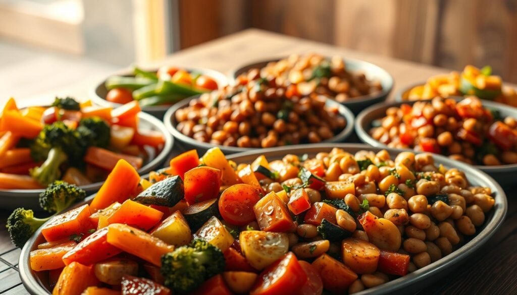 A mouthwatering array of hearty vegetarian meals, bathed in warm, natural lighting and captured from a slightly elevated angle. In the foreground, a platter overflows with vibrant, sautéed vegetables - crisp carrots, tender broccoli, and juicy tomatoes. The middle ground showcases a medley of plant-based protein sources, such as lentil and chickpea stews, enriched with aromatic herbs and spices. In the background, a wooden table sets the stage, its rustic texture complementing the wholesome spread. The overall scene exudes a sense of nourishment and satisfaction, perfectly capturing the essence of a satisfying midday meal.