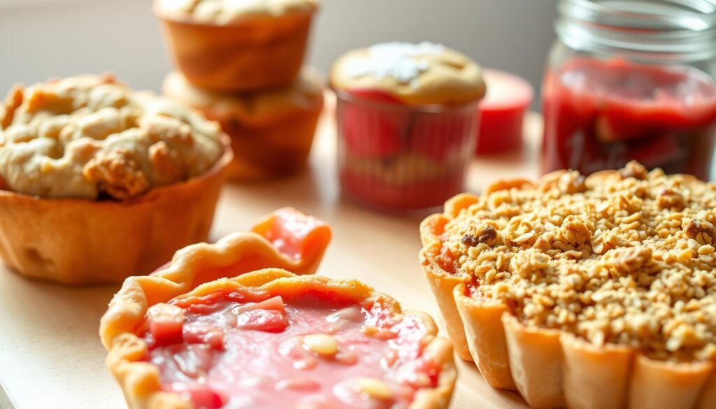 A mouthwatering assortment of quick and easy rhubarb desserts, freshly baked and glistening under soft, natural lighting. In the foreground, a delicate rhubarb tart with a golden, flaky crust and a vibrant pink-red filling. Alongside, a rustic rhubarb crumble, its crumbly topping speckled with oats and brown sugar. In the middle ground, a stack of rhubarb muffins, their tops lightly dusted with powdered sugar. In the background, a simple rhubarb compote, its jewel-toned hue peeking out from a glass jar. The overall scene exudes a sense of homespun charm and the fresh, tart essence of spring's rhubarb bounty. A mouthwatering assortment of quick and easy rhubarb desserts, freshly baked and glistening under soft, natural lighting. In the foreground, a delicate rhubarb tart with a golden, flaky crust and a vibrant pink-red filling. Alongside, a rustic rhubarb crumble, its crumbly topping speckled with oats and brown sugar. In the middle ground, a stack of rhubarb muffins, their tops lightly dusted with powdered sugar. In the background, a simple rhubarb compote, its jewel-toned hue peeking out from a glass jar. The overall scene exudes a sense of homespun charm and the fresh, tart essence of spring's rhubarb bounty.